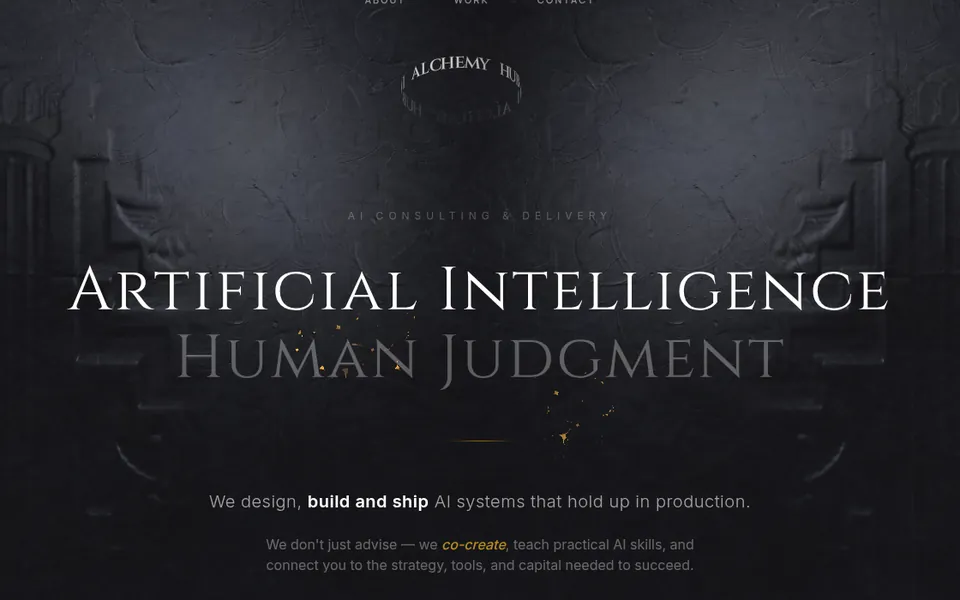 AI Alchemy Hub's first screen: a headline in carved capitals over dark, shader-lit stone.