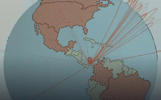 The Creator Globe: a globe stippled in hexagons, a pin fanning connection lines across the Americas.