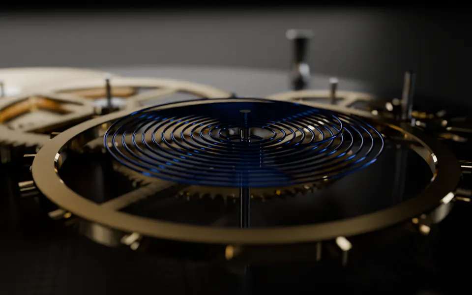 A gold balance wheel and blue hairspring, the gold wheels of a watch movement behind it.